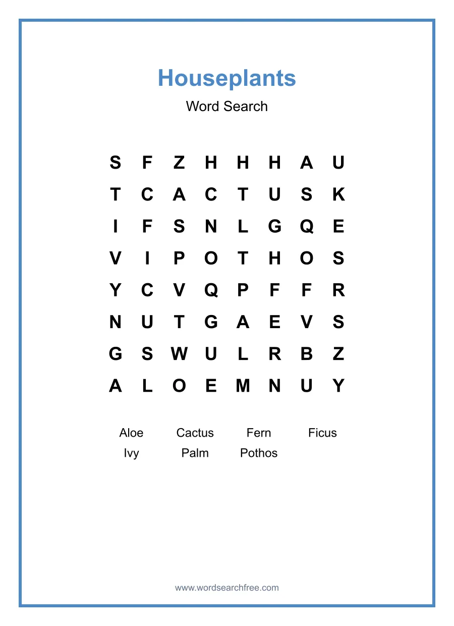 Houseplants Word Search - Free printable puzzle with 7 words