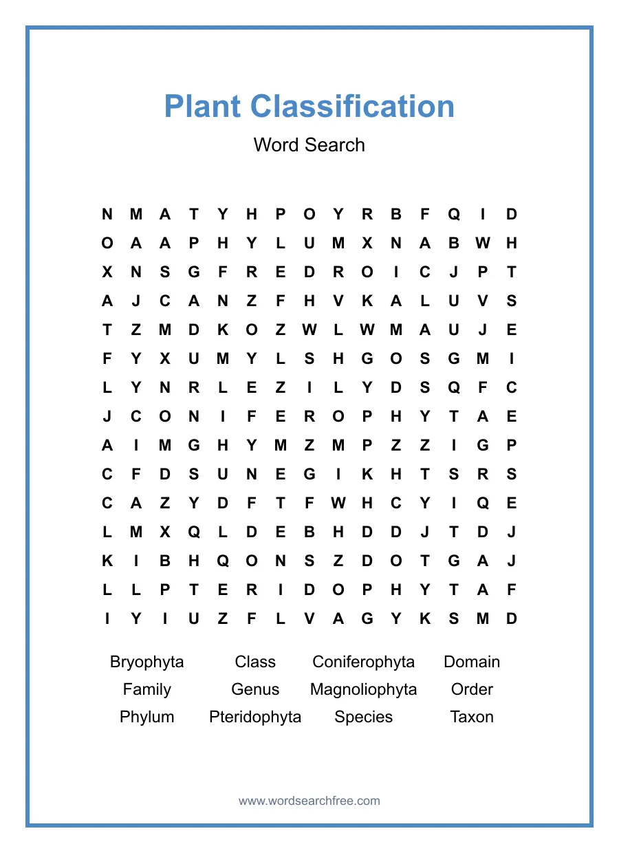 Plant Classification Word Search - Free printable puzzle with 12 words