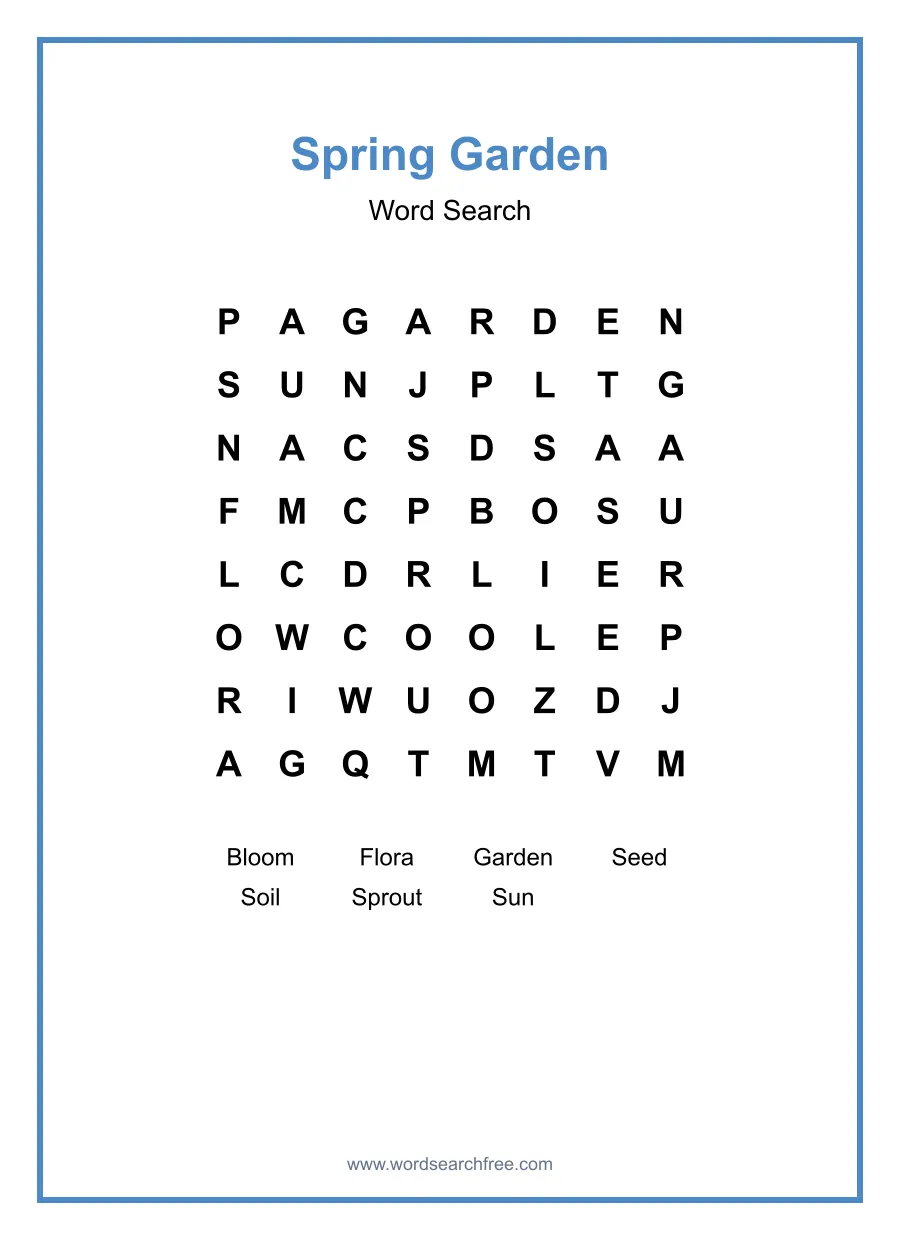 Spring Garden Word Search - Free printable puzzle with 7 words
