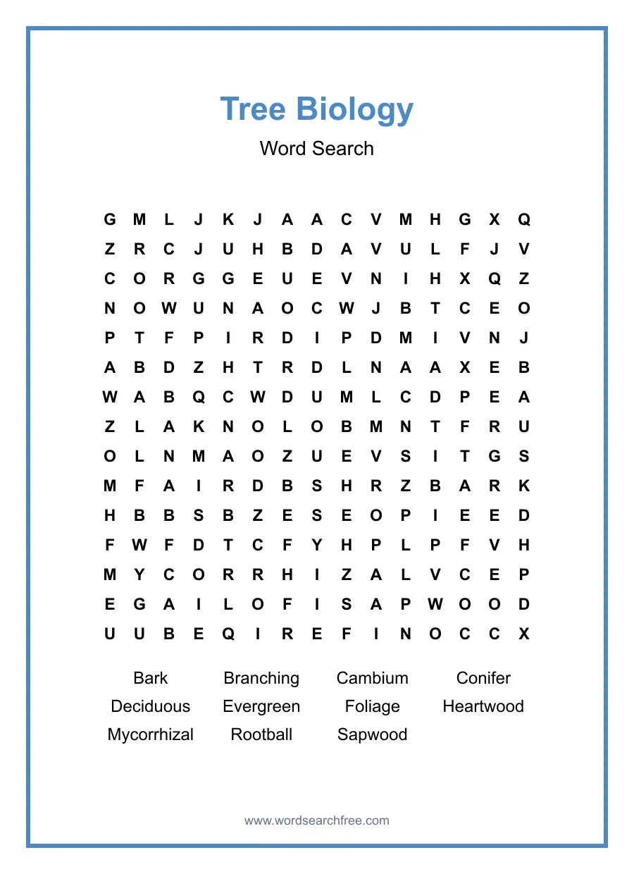 Tree Biology Word Search - Free printable puzzle with 11 words