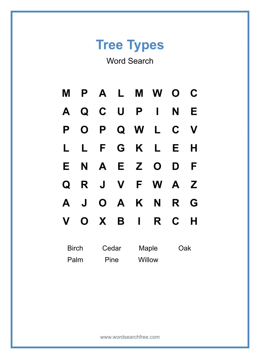 Tree Types Word Search - Free printable puzzle with 7 words