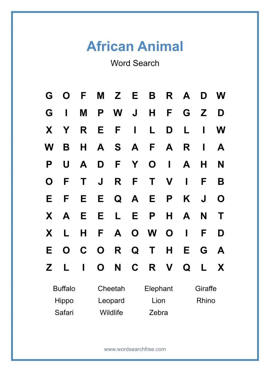 African Animal Word Search - Free printable puzzle with 11 words