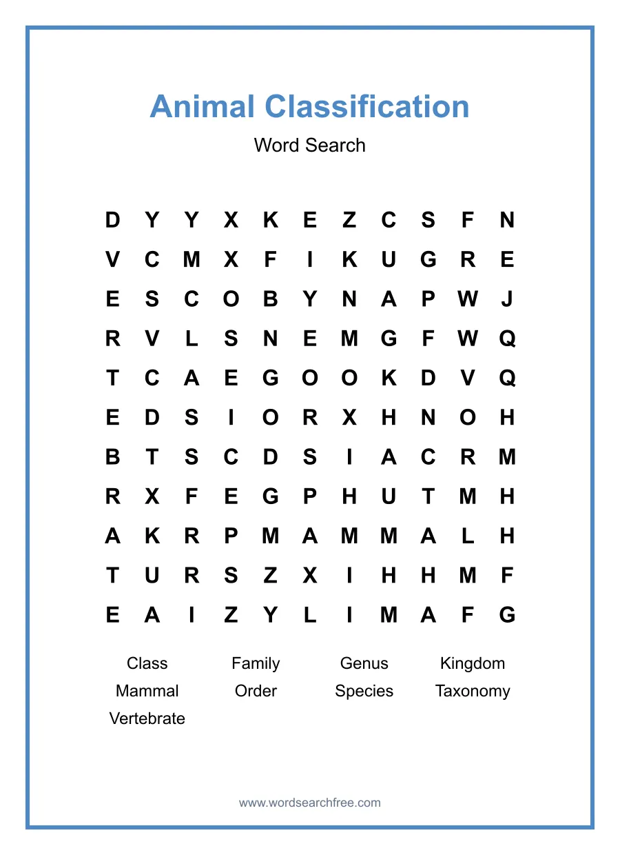 Animal Classification Word Search - Free printable puzzle with 9 words