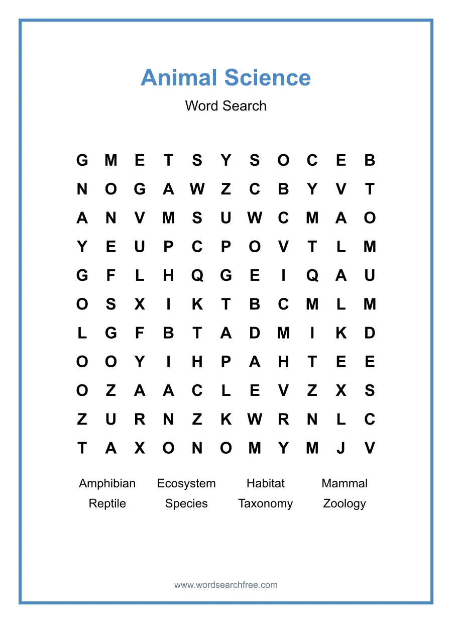Animal Science Word Search - Free printable puzzle with 8 words