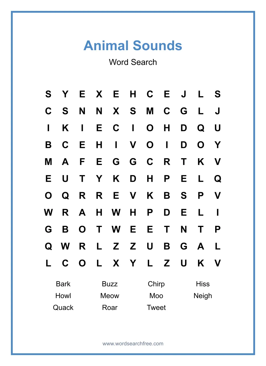 Animal Sounds Word Search - Free printable puzzle with 11 words