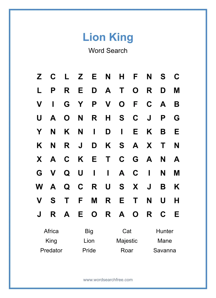 Lion King Word Search - Free printable puzzle with 12 words