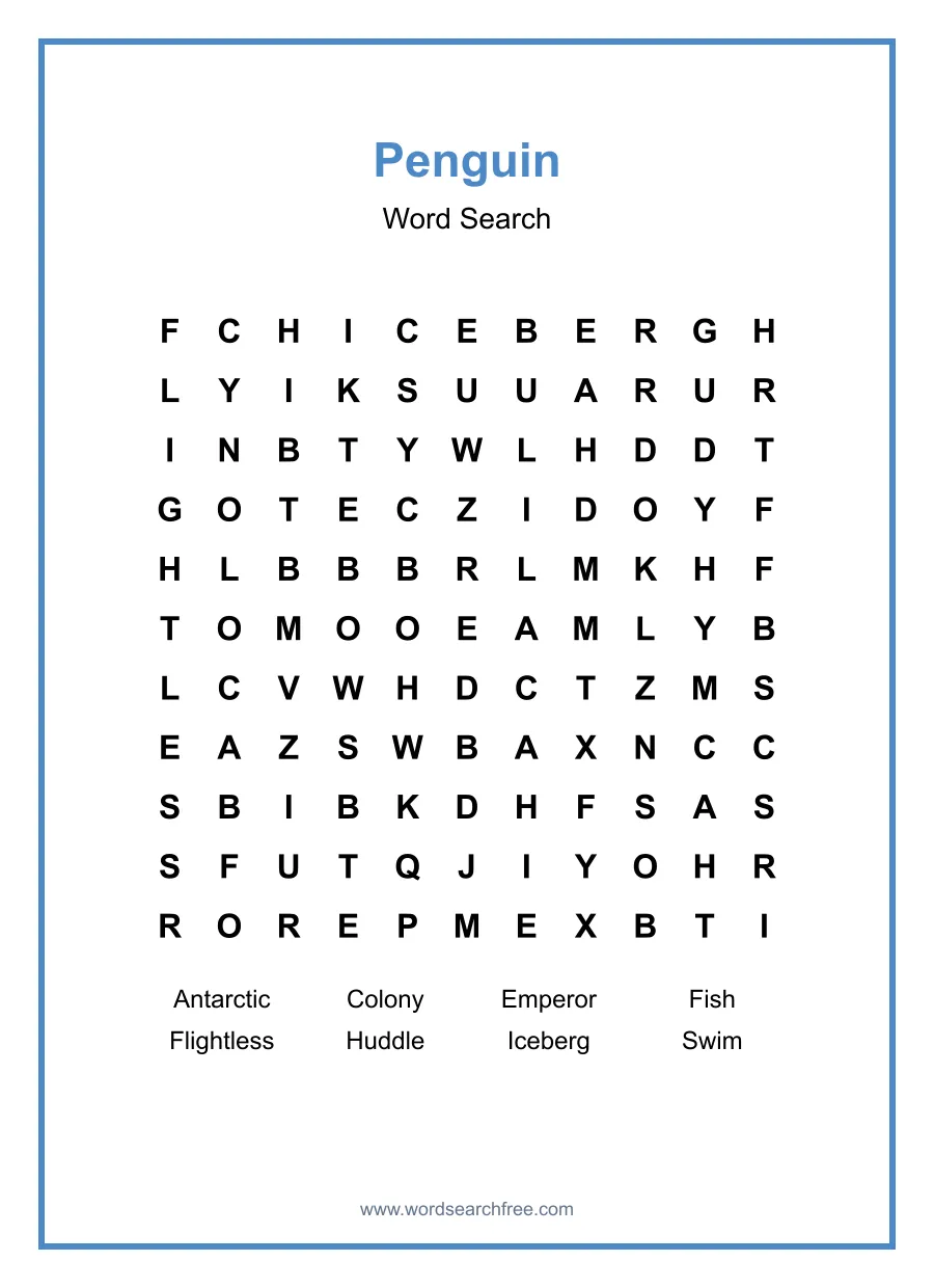 Penguin Word Search - Free printable puzzle with 8 words