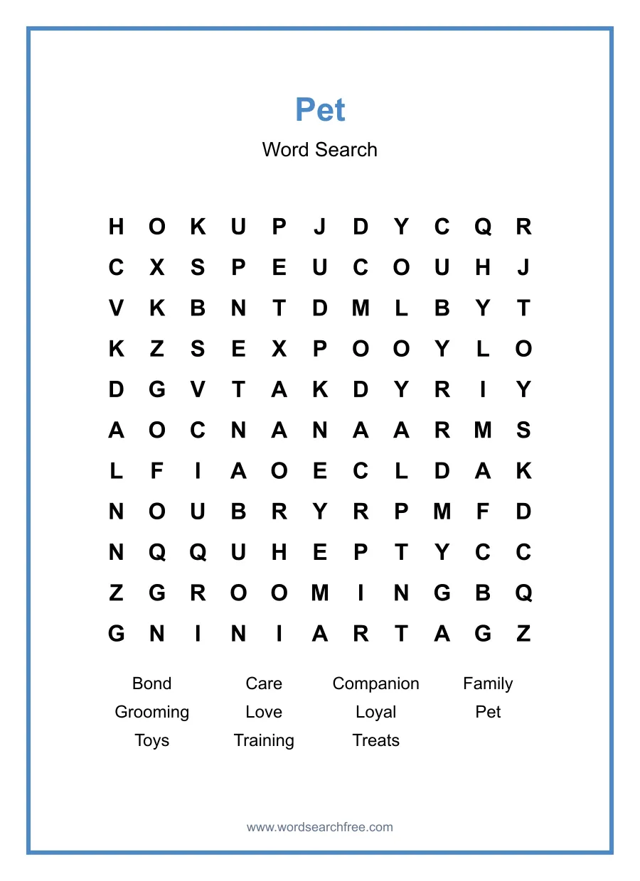 Pet Word Search - Free printable puzzle with 11 words