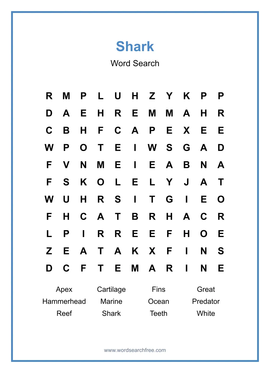 Shark Word Search - Free printable puzzle with 12 words