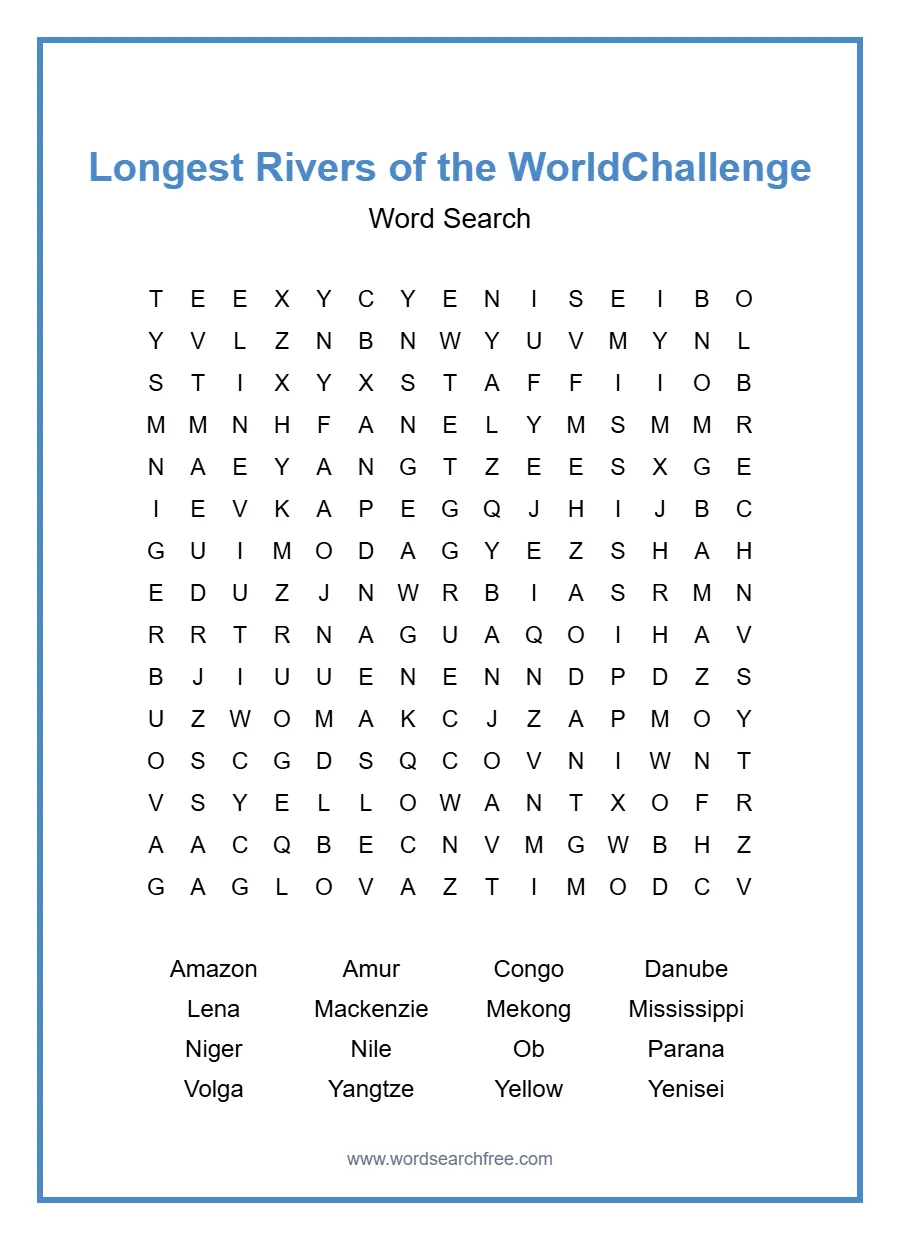 Longest Rivers of the World Word Search Challenge - Free printable puzzle with 16 words