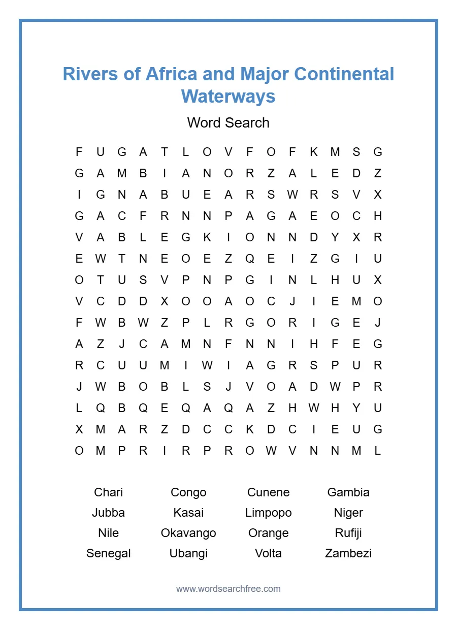 Rivers of Africa and Major Continental Waterways Word Search - Free printable puzzle with 16 words