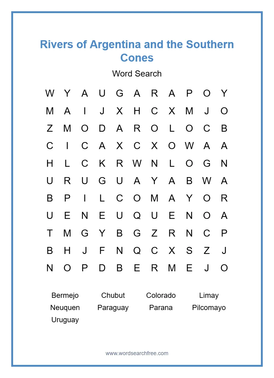 Rivers of Argentina and the Southern Cones Word Search - Free printable puzzle with 9 words