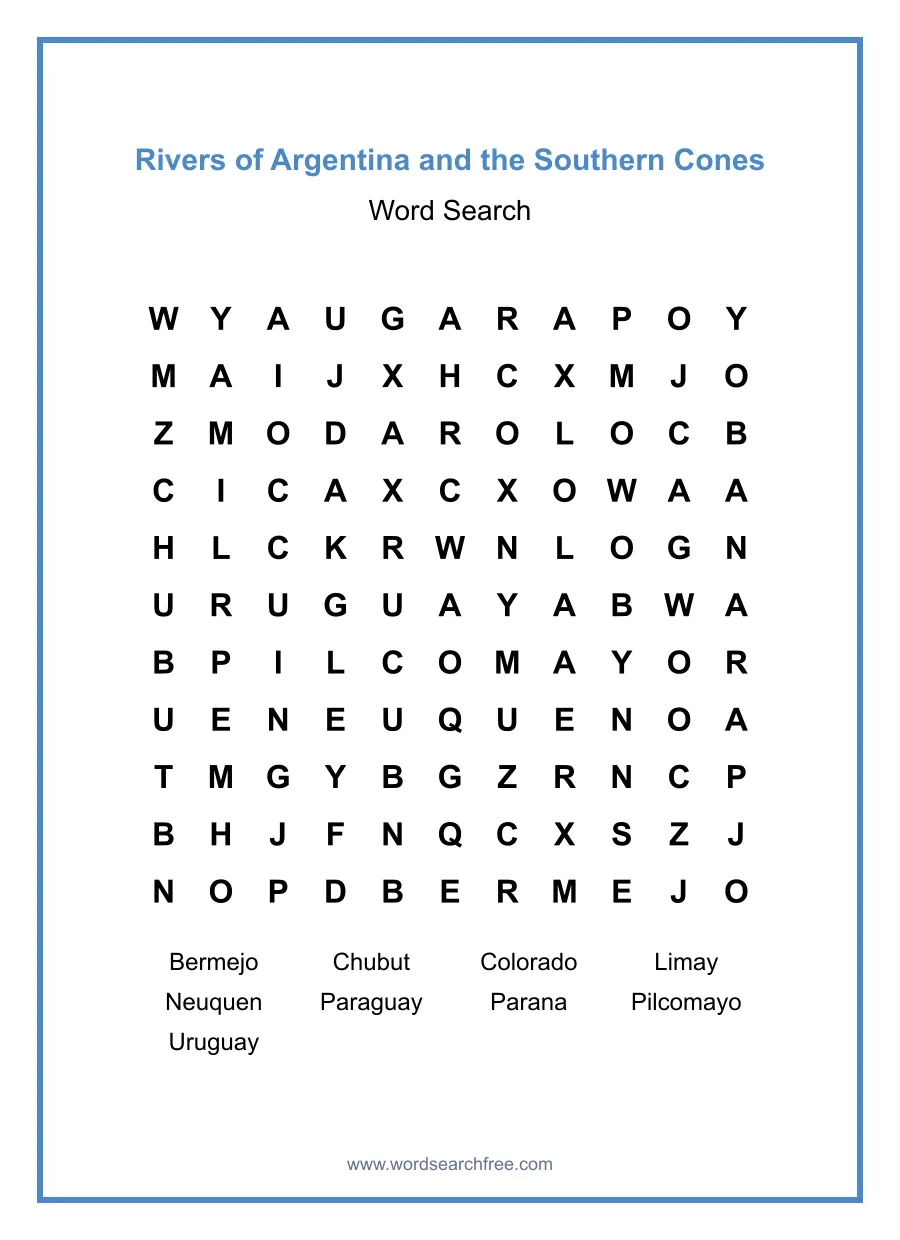 Rivers of Argentina and the Southern Cones - Medium Word Search Puzzle
