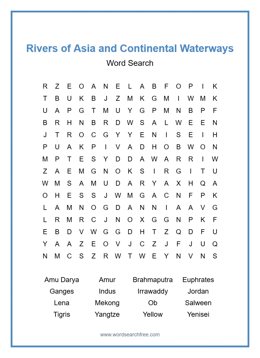 Rivers of Asia and Continental Waterways Word Search - Free printable puzzle with 16 words