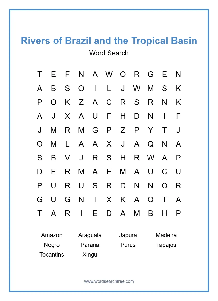 Rivers of Brazil and the Tropical Basin Word Search - Free printable puzzle with 10 words