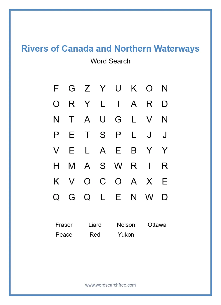 Rivers of Canada and Northern Waterways Word Search - Free printable puzzle with 7 words