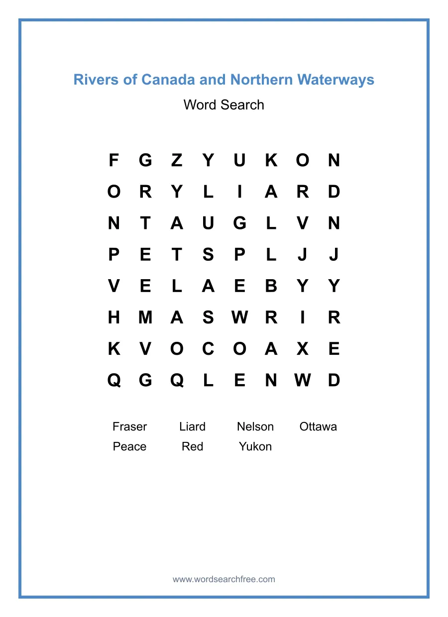 Rivers of Canada and Northern Waterways - Easy Word Search Puzzle