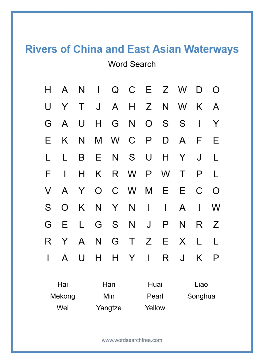 Rivers of China and East Asian Waterways Word Search - Free printable puzzle with 11 words
