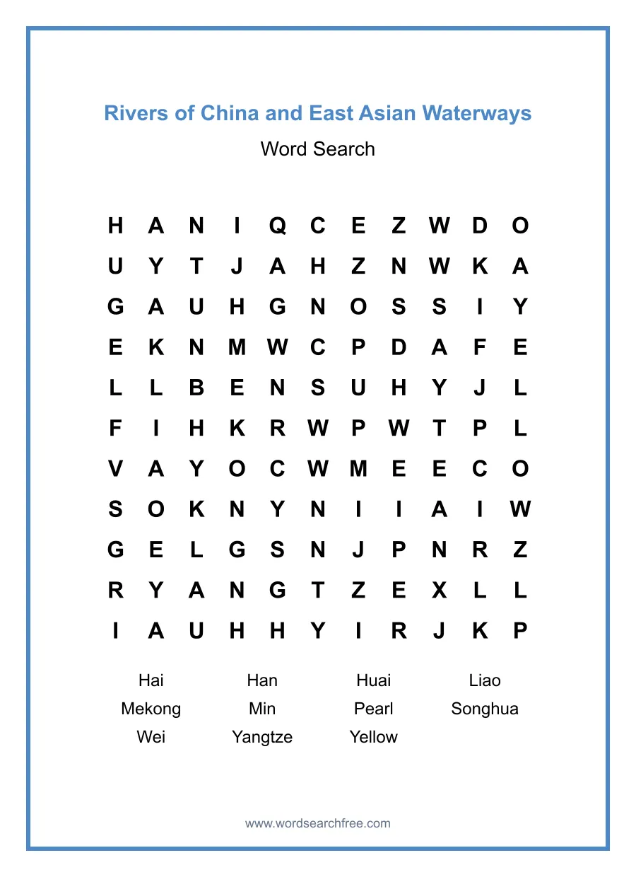 Rivers of China and East Asian Waterways - Medium Word Search Puzzle