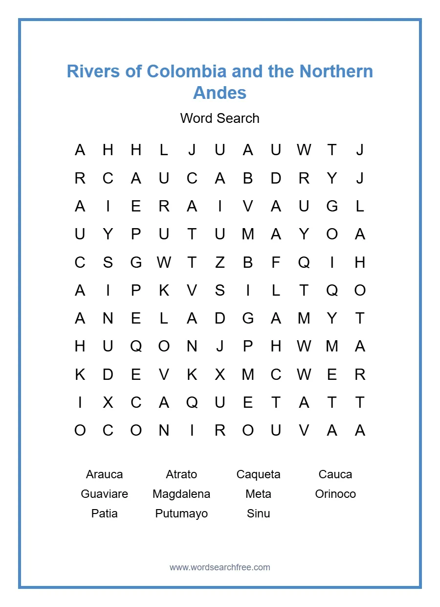 Rivers of Colombia and the Northern Andes Word Search - Free printable puzzle with 11 words