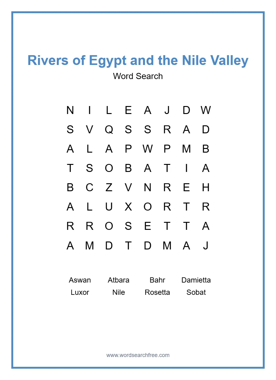 Rivers of Egypt and the Nile Valley Word Search - Free printable puzzle with 8 words