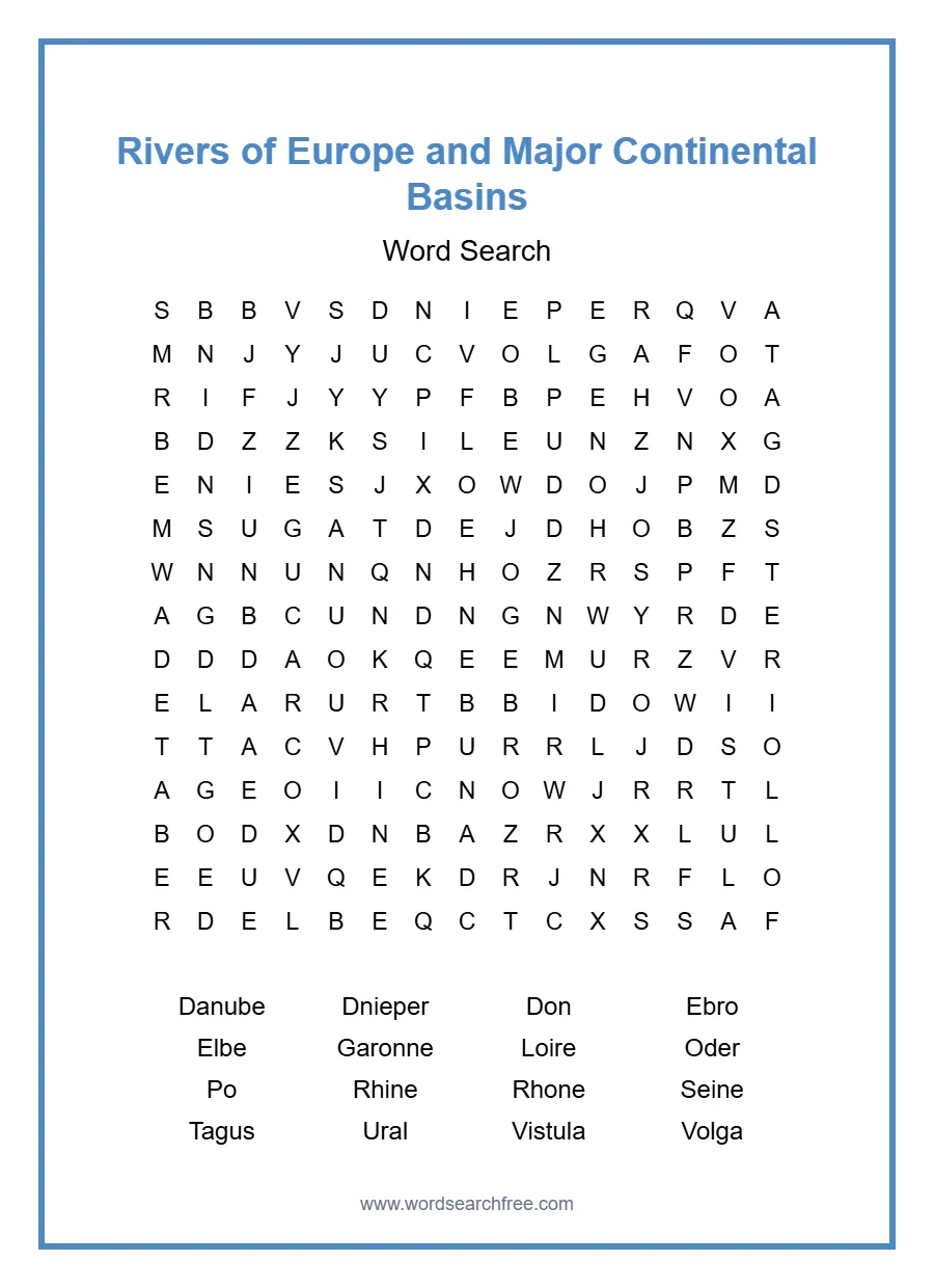 Rivers of Europe and Major Continental Basins Word Search - Free printable puzzle with 16 words