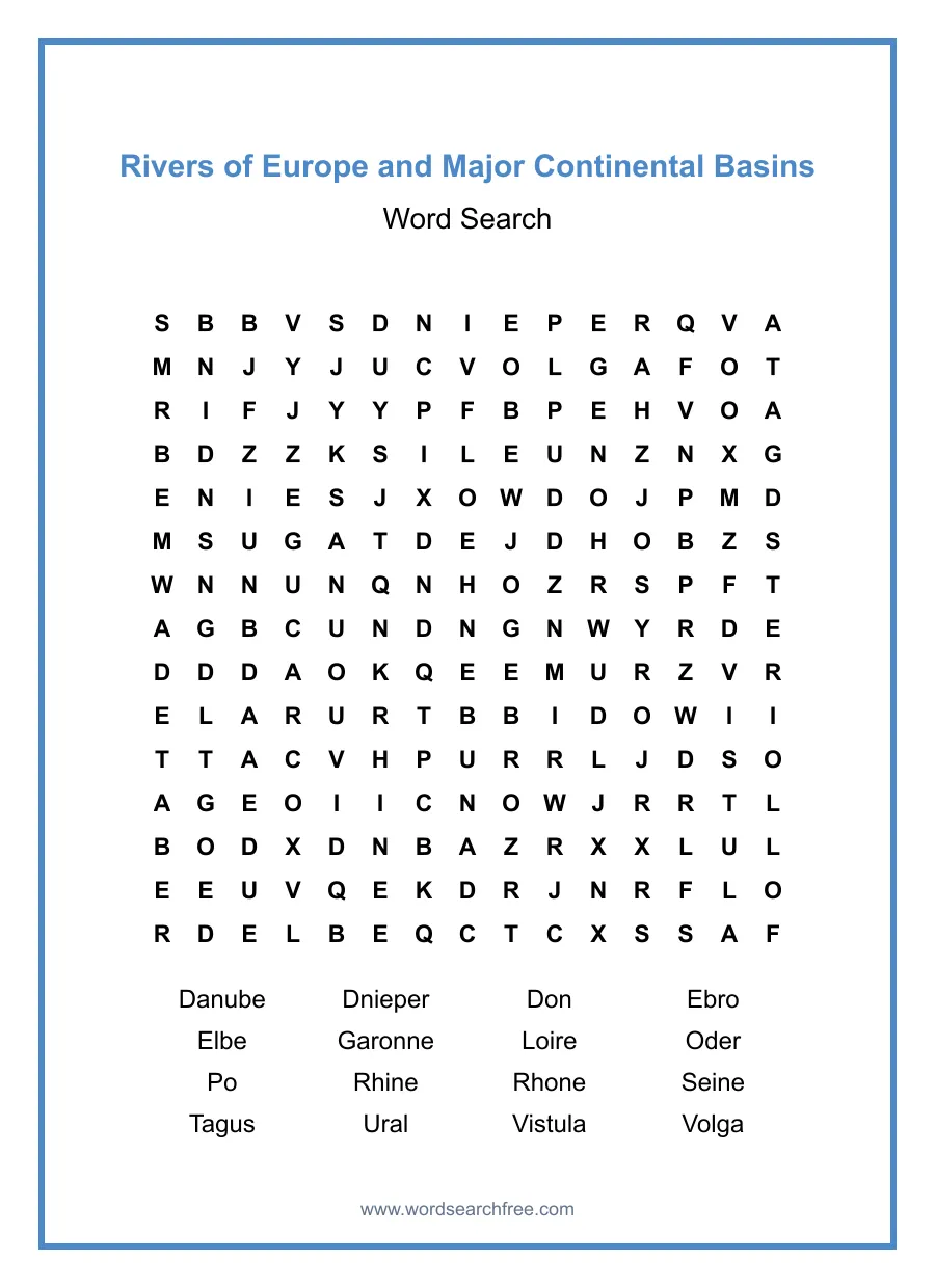 Rivers of Europe and Major Continental Basins - Hard Word Search Puzzle