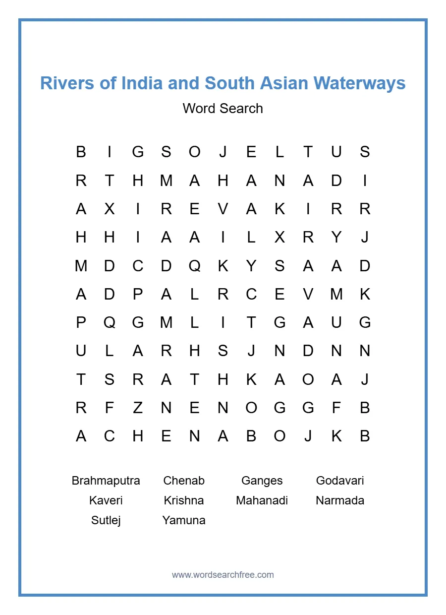 Rivers of India and South Asian Waterways Word Search - Free printable puzzle with 10 words
