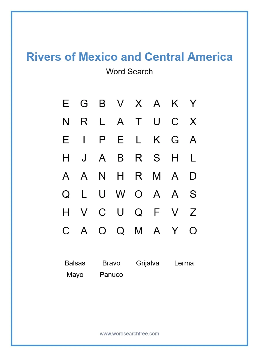 Rivers of Mexico and Central America Word Search - Free printable puzzle with 6 words