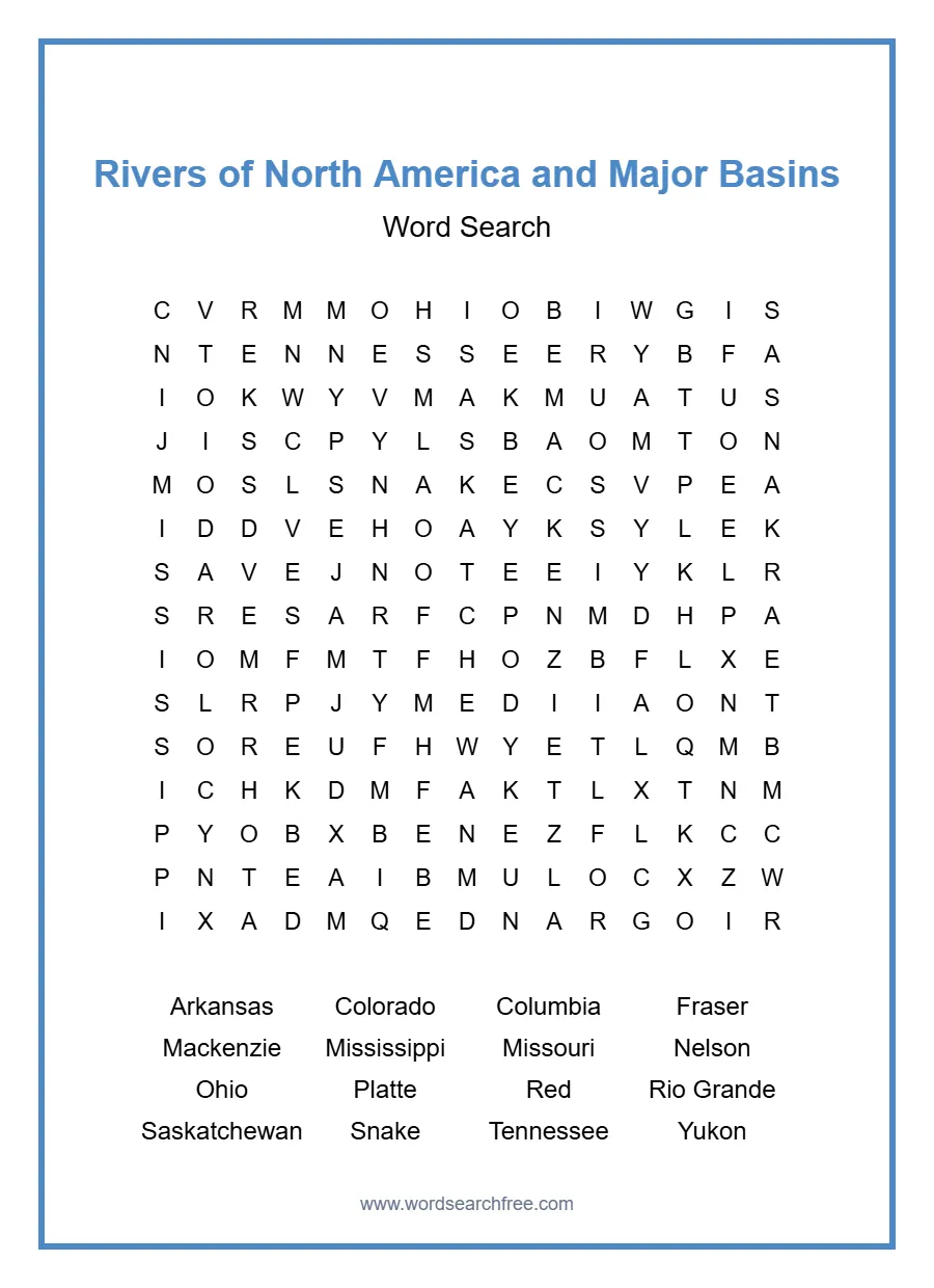 Rivers of North America and Major Basins Word Search - Free printable puzzle with 16 words