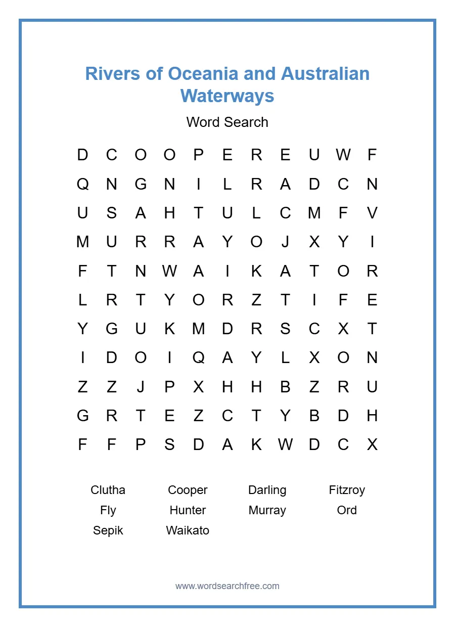 Rivers of Oceania and Australian Waterways Word Search - Free printable puzzle with 10 words