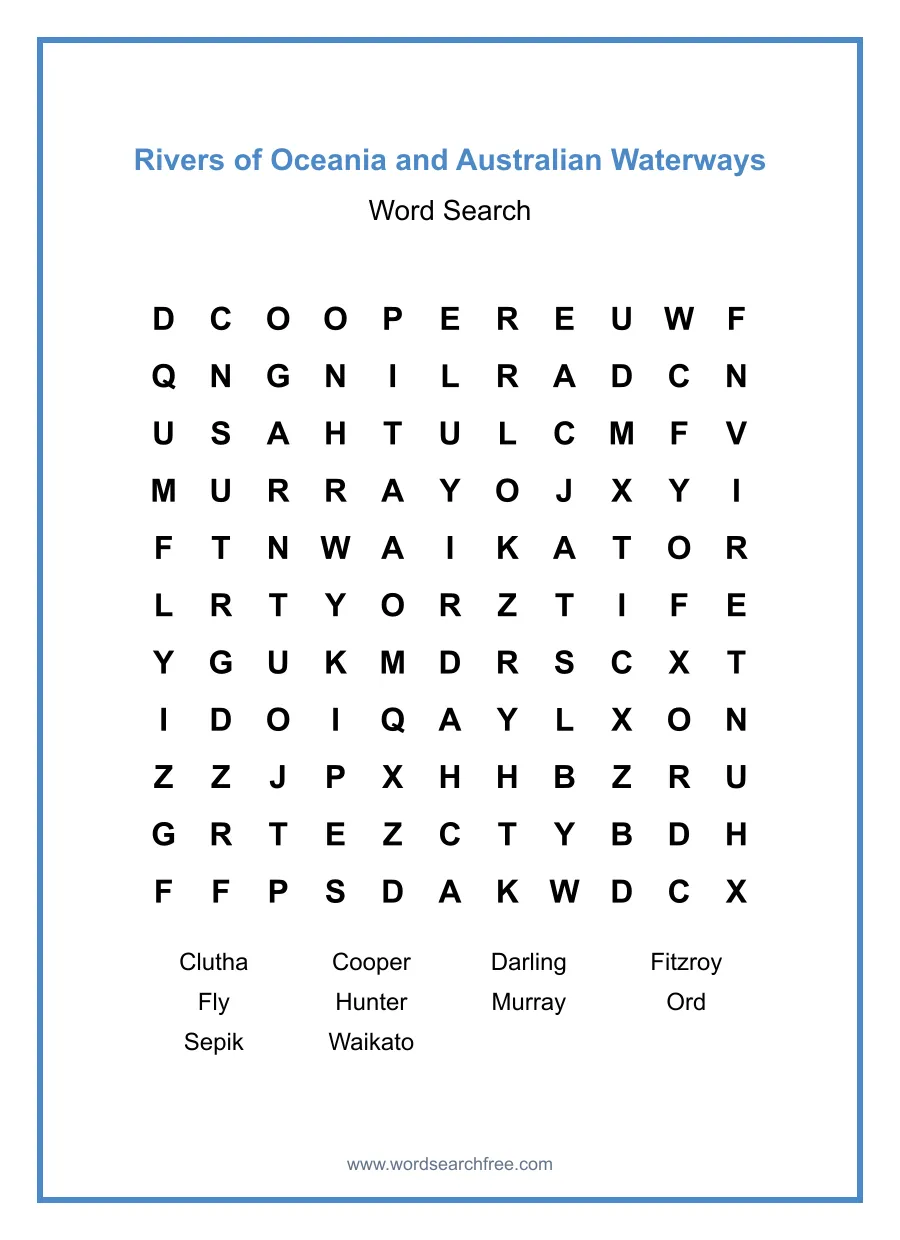 Rivers of Oceania and Australian Waterways - Medium Word Search Puzzle