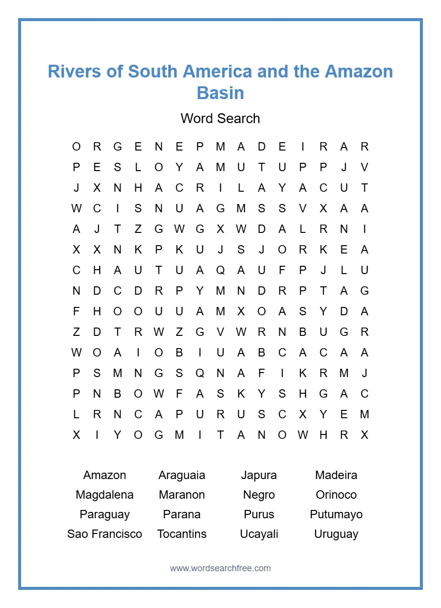 Rivers of South America and the Amazon Basin Word Search - Free printable puzzle with 16 words