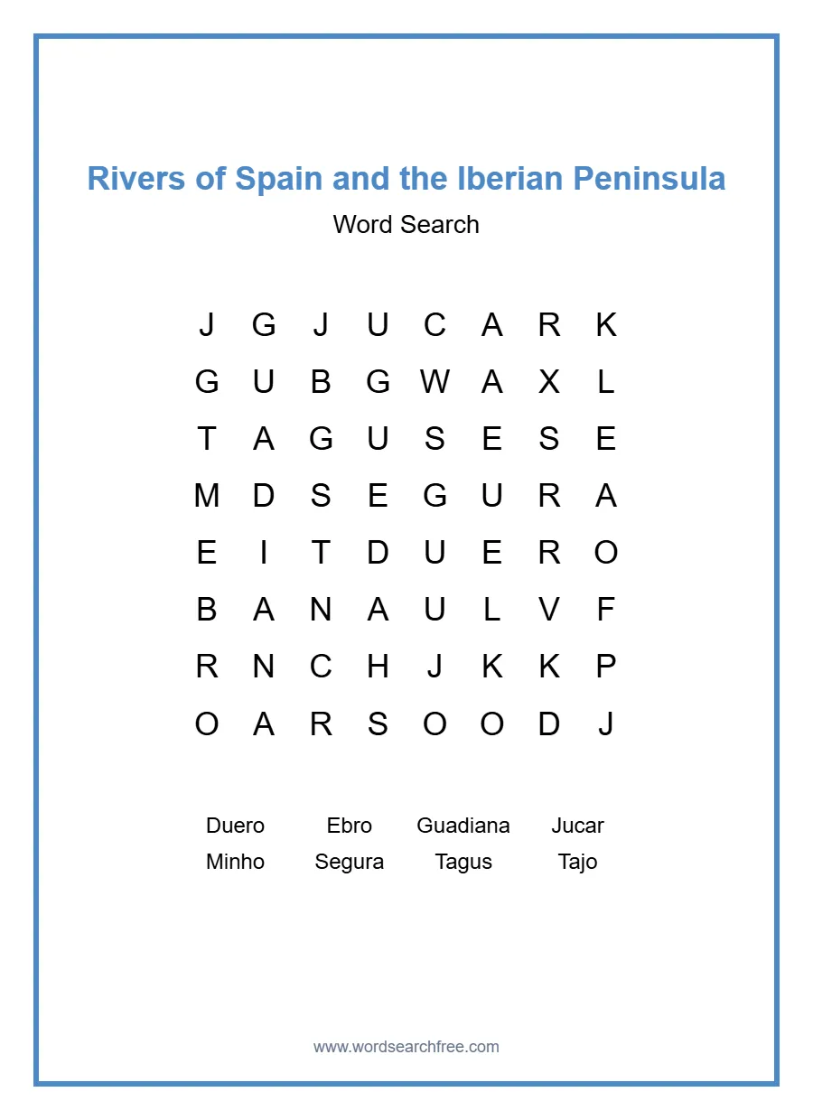 Rivers of Spain and the Iberian Peninsula Word Search - Free printable puzzle with 8 words