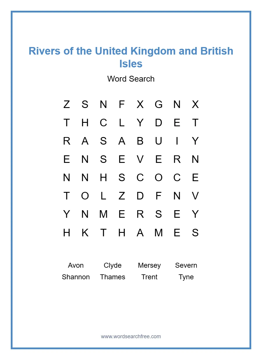 Rivers of the United Kingdom and British Isles Word Search - Free printable puzzle with 8 words
