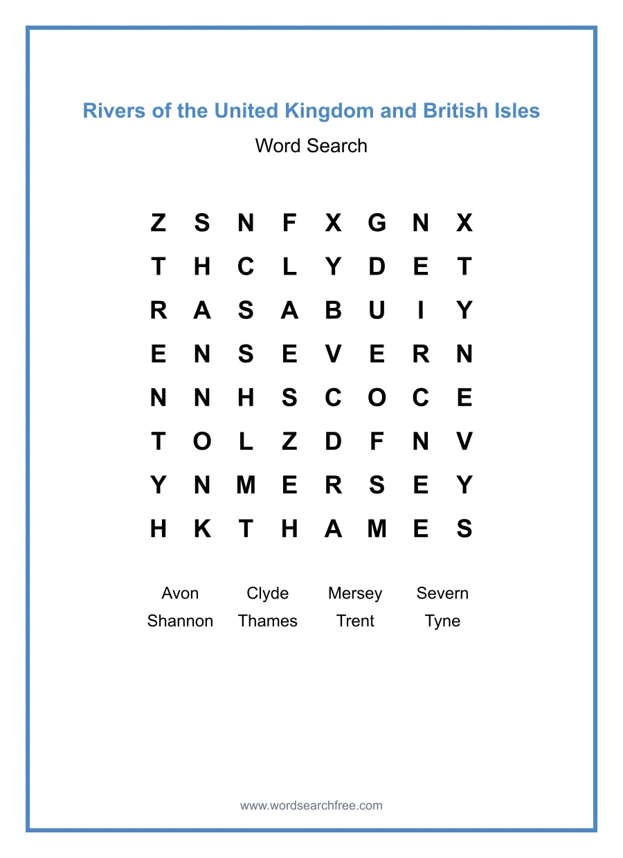 Rivers of the United Kingdom and British Isles - Easy Word Search Puzzle