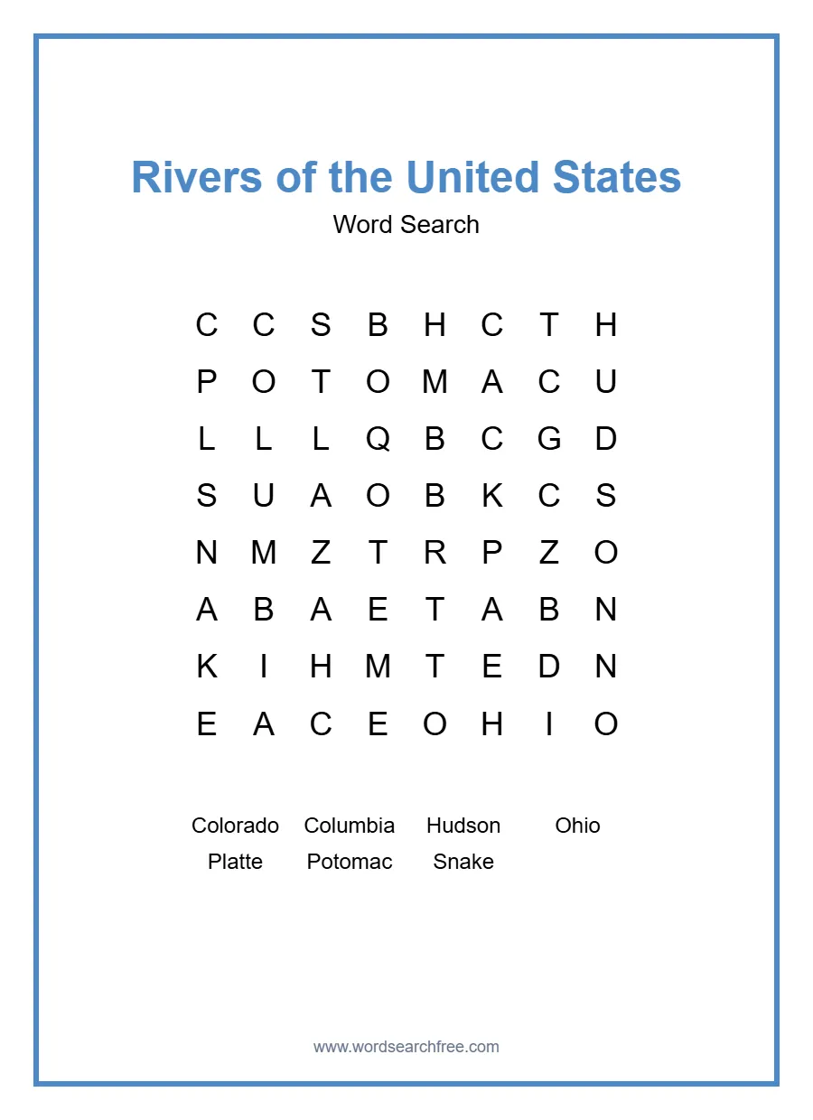 Rivers of the United States Word Search - Free printable puzzle with 7 words