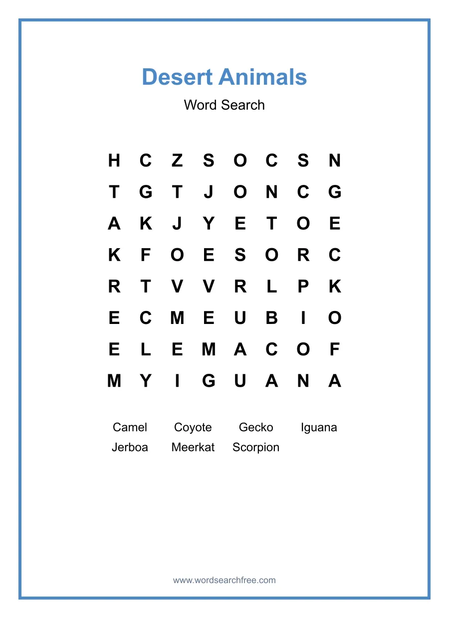 Desert Animals - Easy Word Search Puzzle