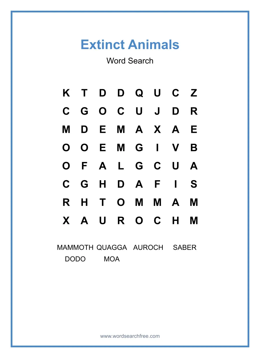 Extinct Animals - Easy Word Search Puzzle