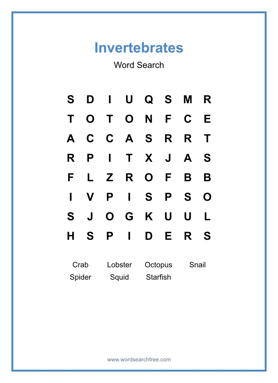 Invertebrates - Easy Word Search Puzzle