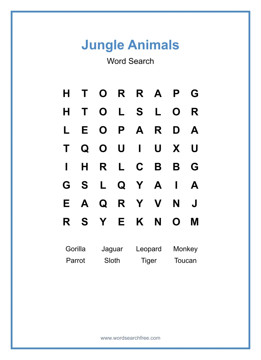 Jungle Animals - Easy Word Search Puzzle