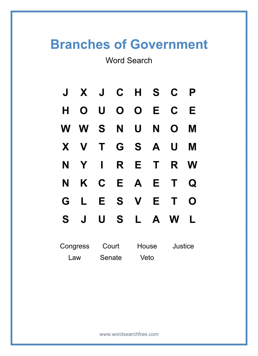 Branches of Government Word Search - Free printable puzzle with 7 words
