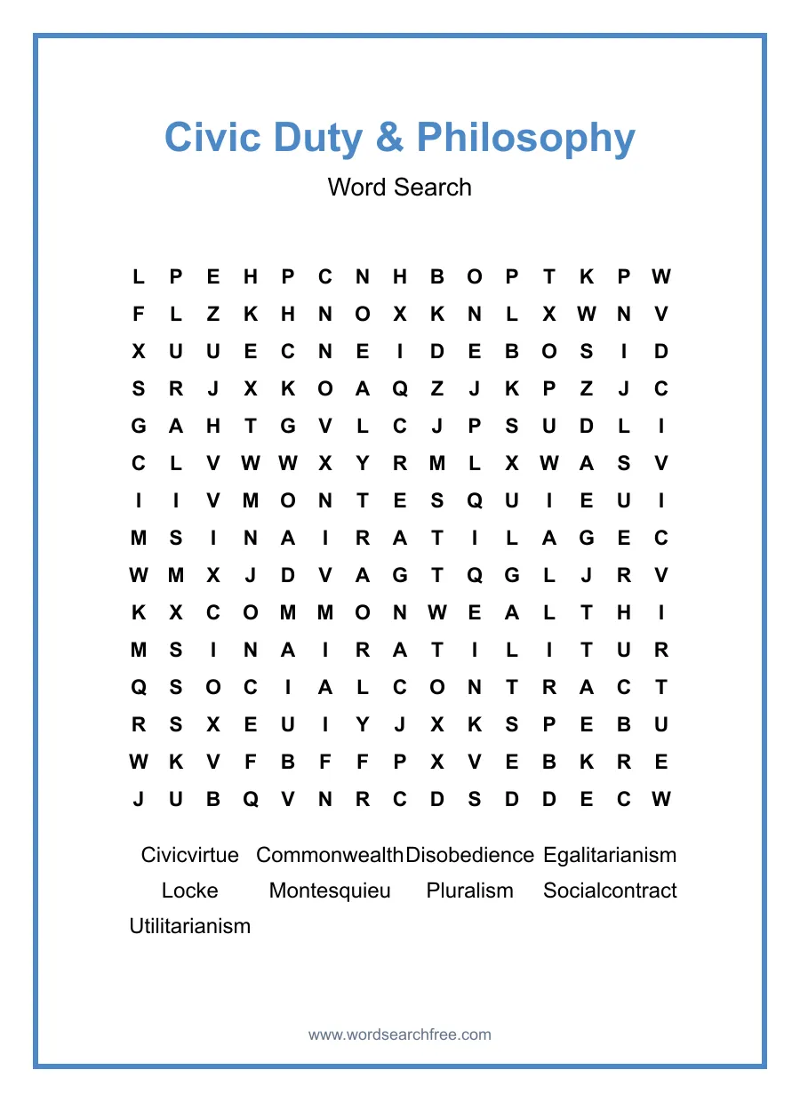 Civic Duty & Philosophy Word Search - Free printable puzzle with 9 words