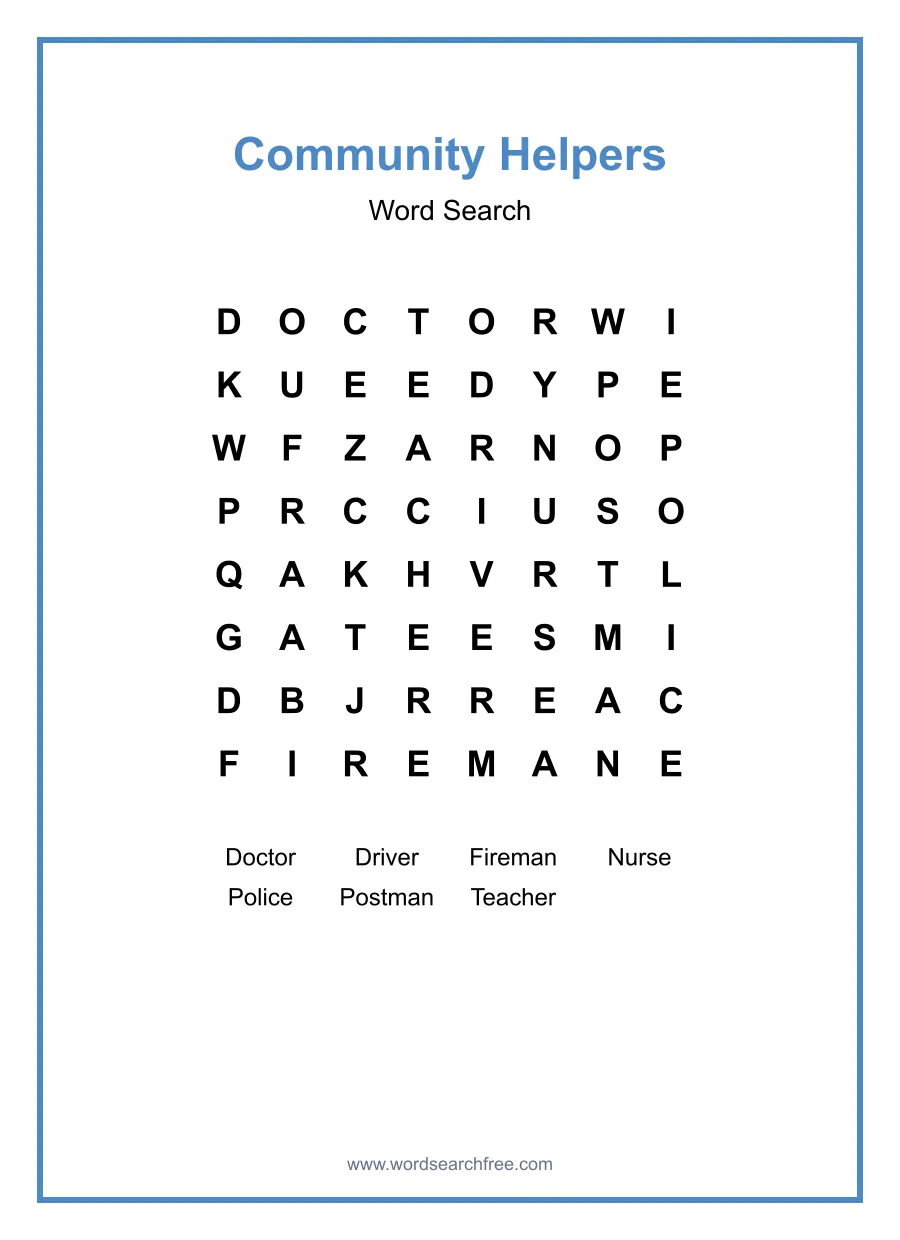 Community Helpers Word Search - Free printable puzzle with 7 words