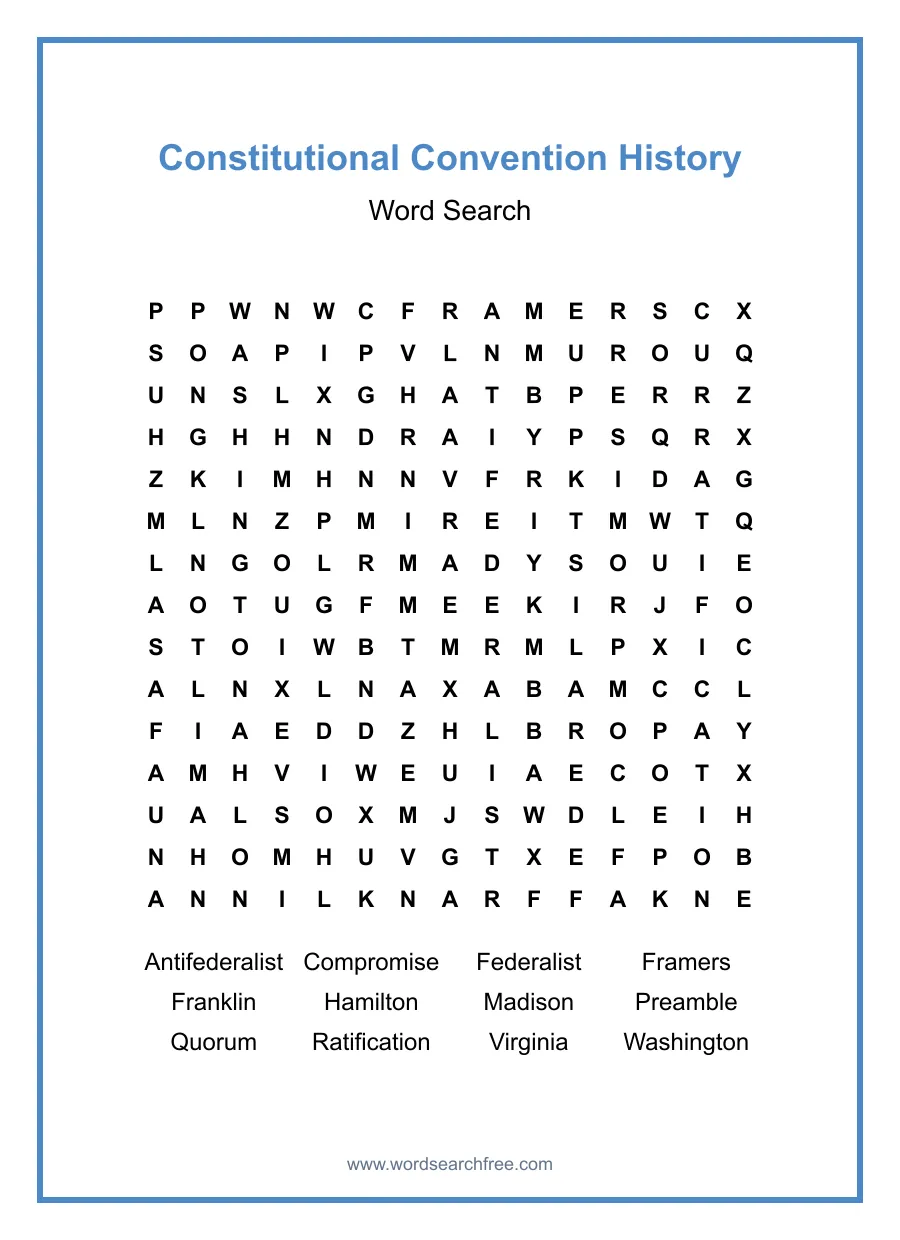Constitutional Convention History Word Search - Free printable puzzle with 12 words