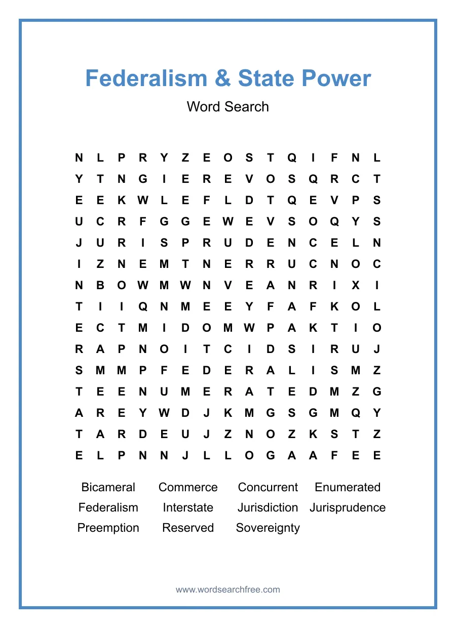 Federalism & State Power Word Search - Free printable puzzle with 11 words