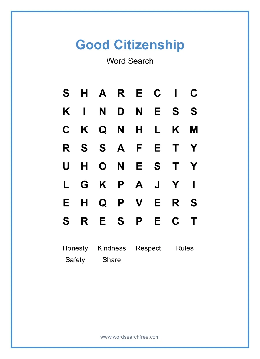 Good Citizenship Word Search - Free printable puzzle with 6 words