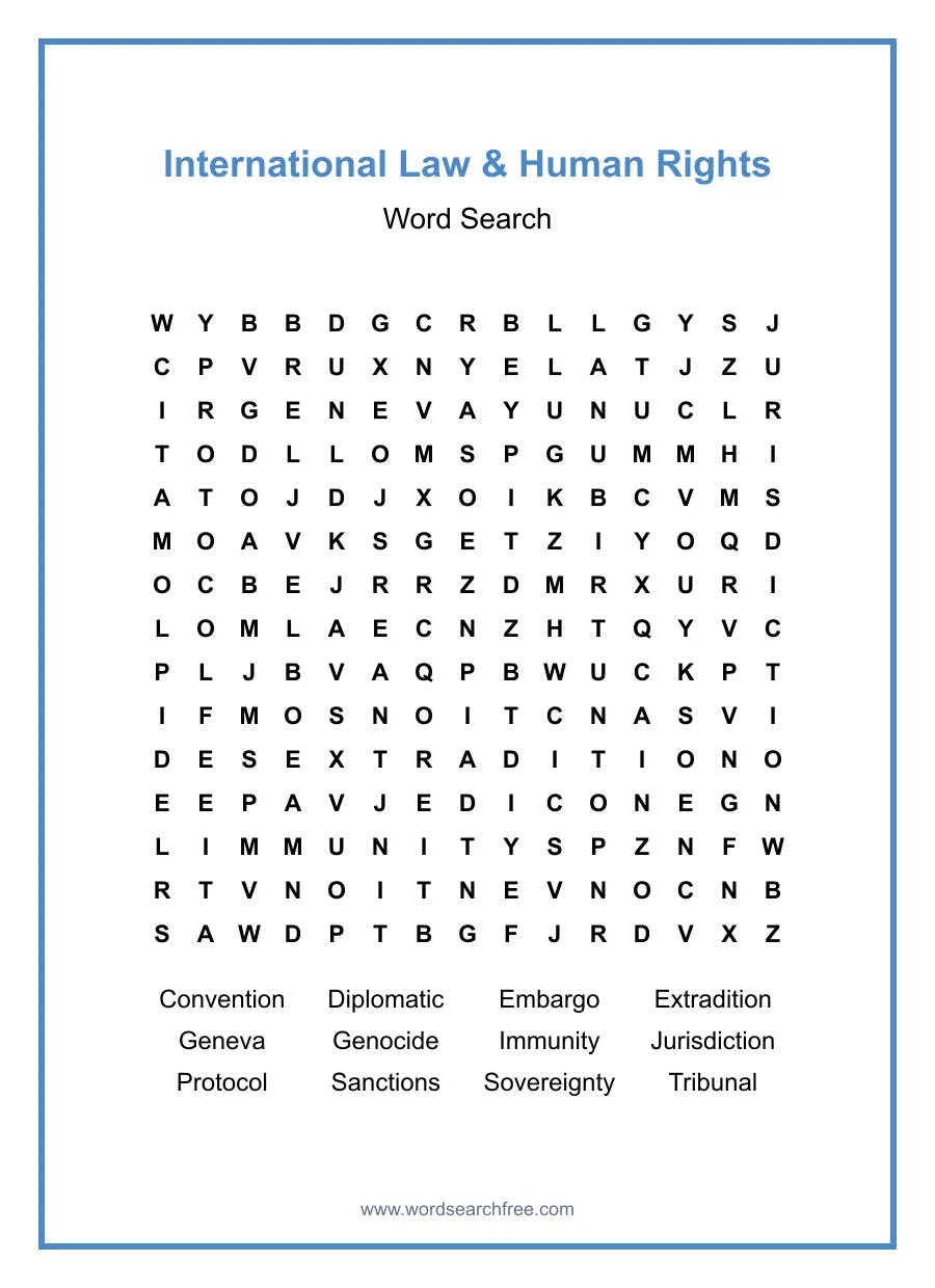 International Law & Human Rights Word Search - Free printable puzzle with 12 words