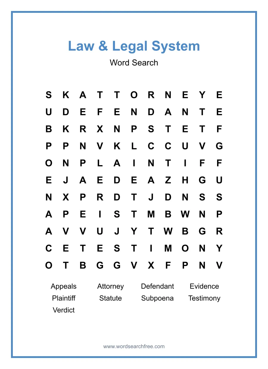 Law & Legal System Word Search - Free printable puzzle with 9 words
