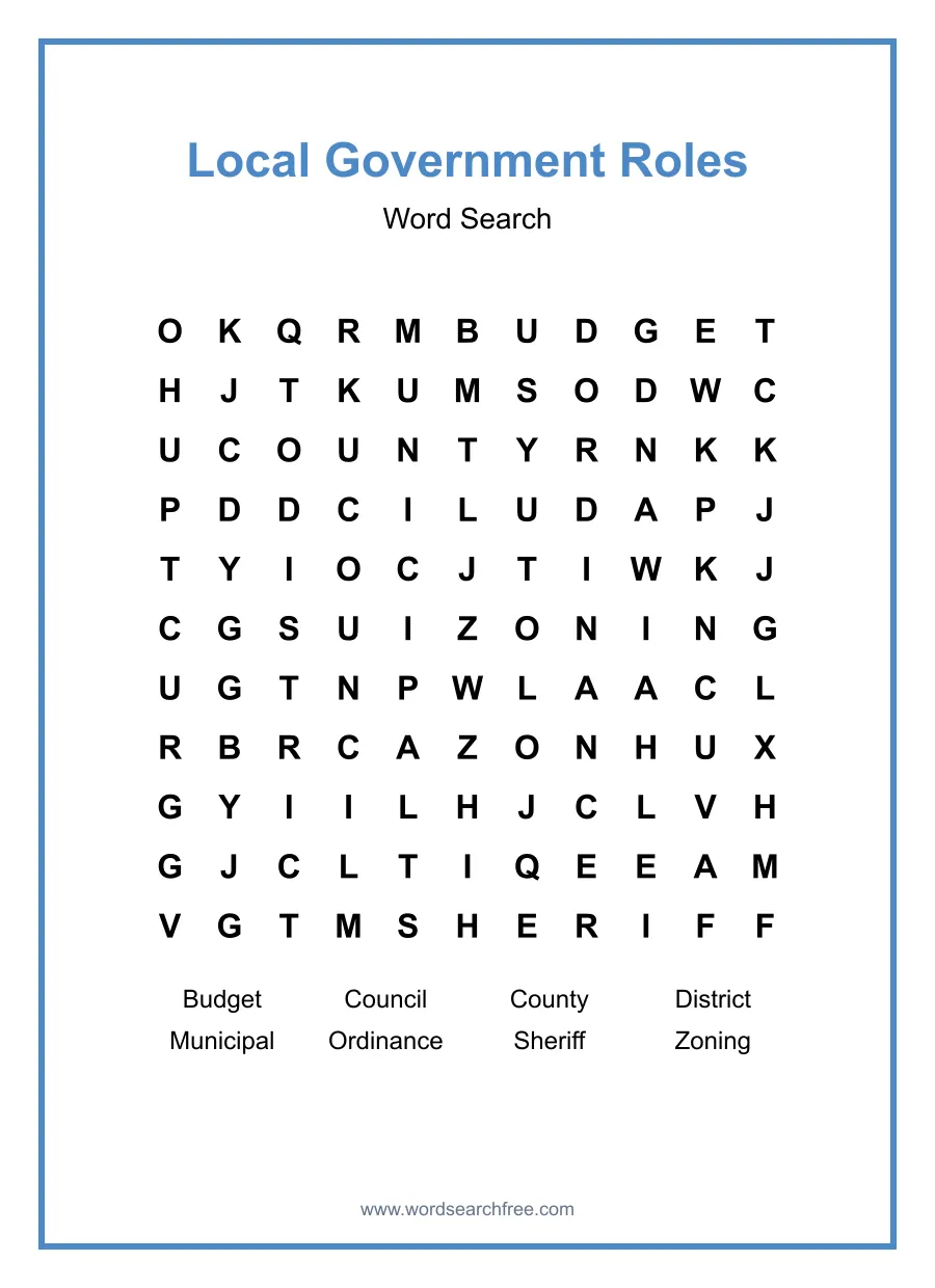 Local Government Roles Word Search - Free printable puzzle with 8 words